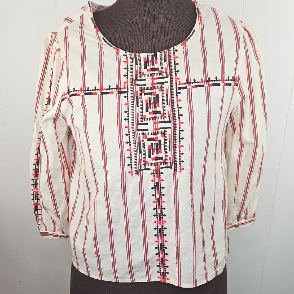 100% Cotton Summer Hippie Bohemian Embroidered Shirt Top Celestial Blue Size M/L